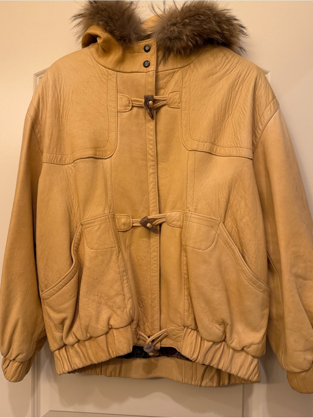 Vintage J Percy for Marvin Richards, Yellow Leather Furtrimmed Hood, Toggle Coat